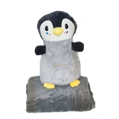 Мягкая игрушка Пингвин с пледом внутри, серого цвета