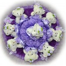 Букет из мягких игрушек с розочками (9 мишек, фиолетовый)